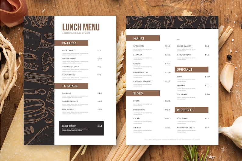 May include: A lunch menu with a brown background and white text. The menu is divided into sections for entrees, mains, sides, specials, and desserts. The prices are listed next to each item. The menu is decorated with hand-drawn illustrations of food.