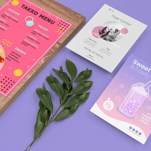 May include: Three colorful flyers on a purple background. The first flyer is a pink menu for a restaurant called Takko with a picture of nachos. The second flyer is white with a picture of a woman doing yoga and the text "Yoga Center". The third flyer is a pink and purple gradient with a picture of a bubble tea and the text "Sweet & Tasty".