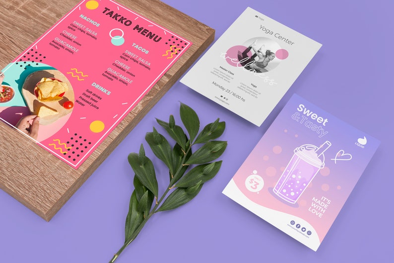 May include: Three colorful flyers on a purple background. The first flyer is a pink menu for a restaurant called Takko with a picture of nachos. The second flyer is white with a picture of a woman doing yoga and the text "Yoga Center". The third flyer is a pink and purple gradient with a picture of a bubble tea and the text "Sweet & Tasty".