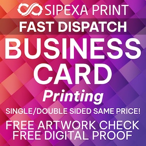 Op de afbeelding: Een geometrische achtergrond in paars en roze met witte tekst die "SIPEXA PRINT FAST DISPATCH BUSINESS CARD Printing SINGLE/DOUBLE SIDED SAME PRICE! FREE ARTWORK CHECK FREE DIGITAL PROOF" luidt.