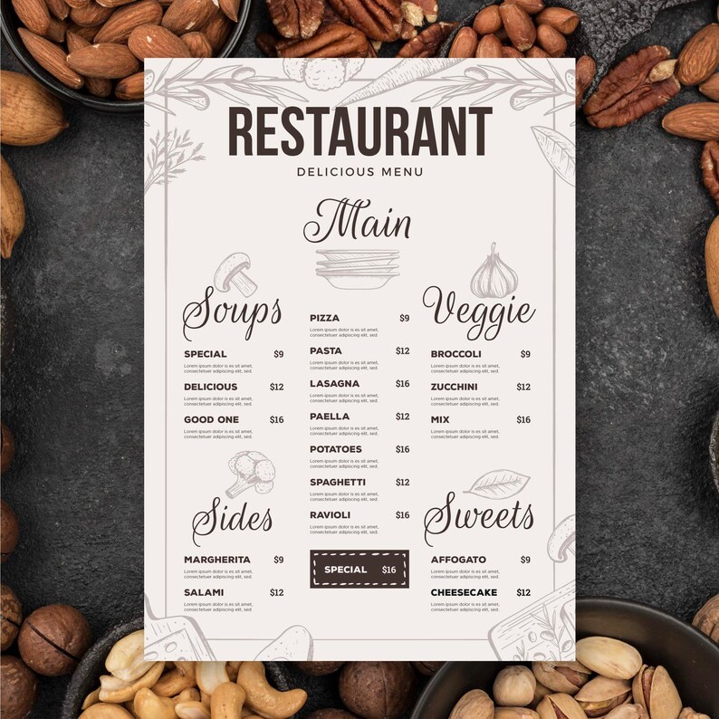 May include: A restaurant menu with a white background and black text. The menu is divided into sections for soups, main courses, veggie dishes, sides, and sweets. Each item is listed with a price. The menu is decorated with drawings of food.