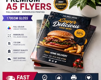 Custom A5 Flyer Printing, Personalized Business Leaflets, Price Lists, Menu Prints, Single Double Sided, 170gsm Gloss Paper