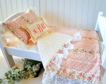 Handmade Reversible Custom Boutique Doll Bedding Set - Comforter and Pillows for AG 18 Doll Beds - Personalization Available