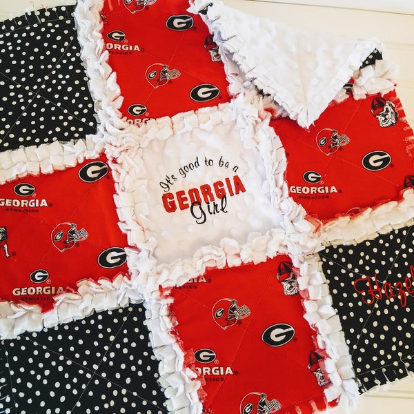 Georgia Bulldogs Custom Embroidered MINI or CRIB sized Rag Quilt or Nursery Bedding set - It's Good To Be A Georgia Girl, Boy, Baby or Fan