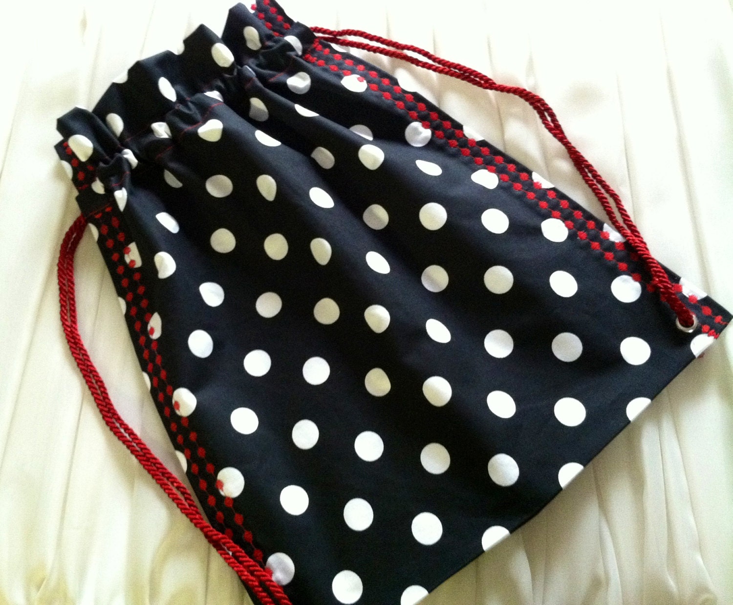 Custom Drawstring Backpack Bag Black Polka Dot With Red Cording and ...