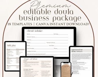 Doula Business Bundle | Canva Pro Editable templates, Client Intake, Welcome Pack, Contract, Birth Plan, Stages of Labor, Education, Receipt