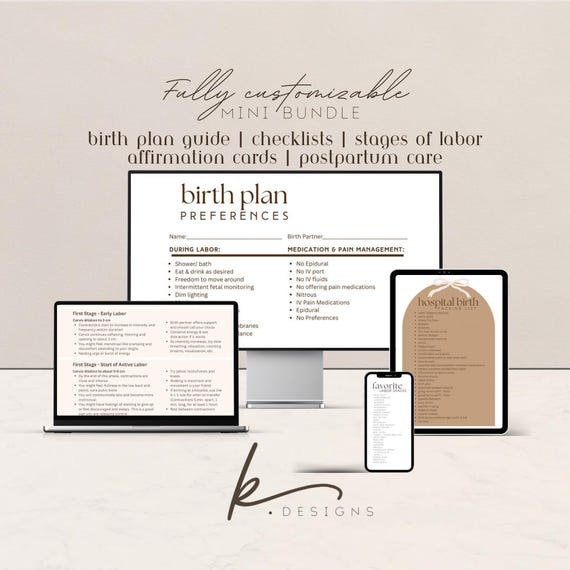 Birth Plan Mini Bundle: Birth Plan Guide, Hospital Checklists, Snack List, Stages of Labor, Affirmations, Postpartum Care (Digital Download)