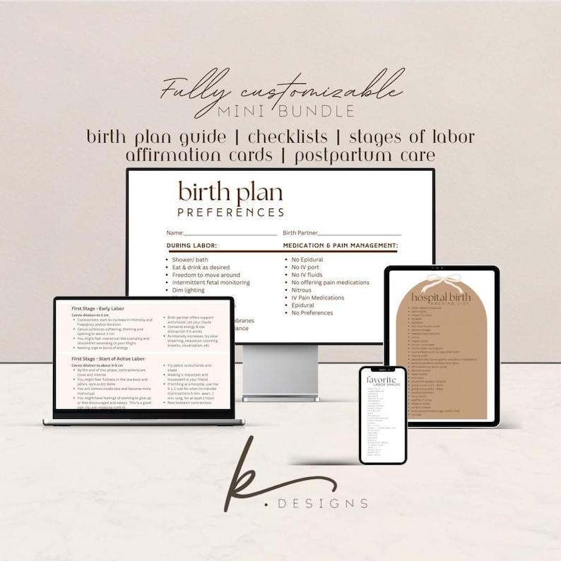 Mini pacchetto piano nascita: guida al piano nascita, checklist ospedaliere, lista degli spuntini, fasi del travaglio, affermazioni, assistenza post-partum (download digitale) immagine 1