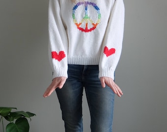 vintage peace and love peace sign with hearts white rainbow hand knit sweater | one of a kind