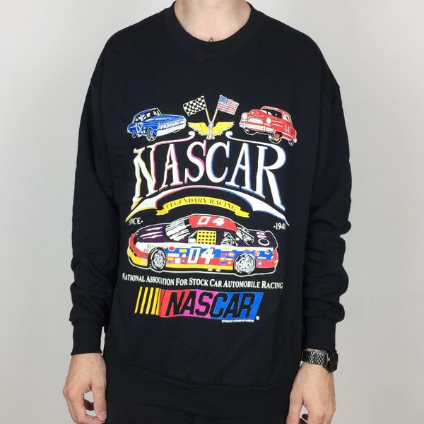 Rare Deadstock Vintage 80s NASCAR black Jerzees pullover graphic crewneck race racing sweatshirt - Size L-XL