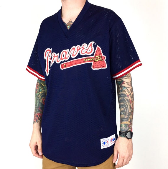 Vintage 90s MLB Atlanta Braves Majestic Made in USA navy blue mesh baseball jersey - Size L