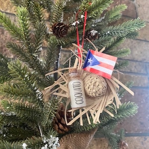 Ornament, Christmas ornament, gift tag, coquito, feliz navidad, Puerto Rico, straw hat, mini tree