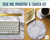 White Marble Print Desk Mat, Mouse Pad Coaster Set -Desk Accessory Set