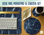 Blue Marble Print Desk Mat, Mouse Pad Coaster Set -Desk Accessory Set