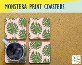 Monstera Print Coasters w Custom Monogram - 3.75 in - Set of 4 High Quality Digital Print, Dye Sublimation - Cork Backed - Home Office