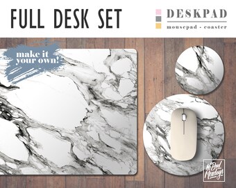 White Marble Print Desk Mat, Mouse Pad & Coaster Set  -Desk Accessory Set