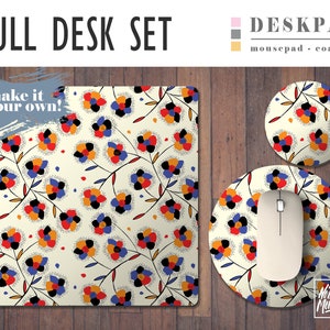 Boho Flower Print Desk Mat, Mouse Pad Coaster Set, Desk Accessory, Home Office, Office Decor, Trendy Workspace, Work Essentials, Gamer Desk