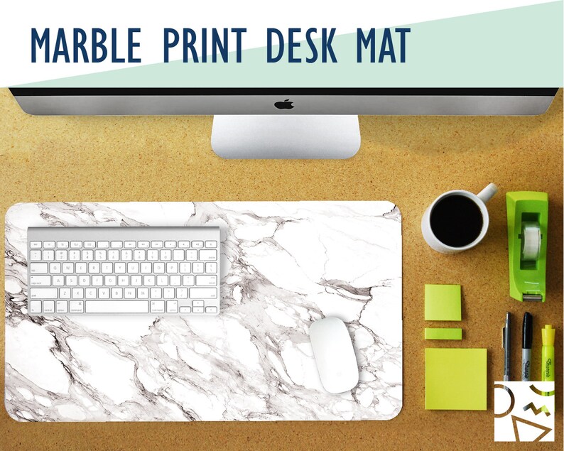 White Marble Print Desk Mat With Available Custom Monogram 2 Image 0