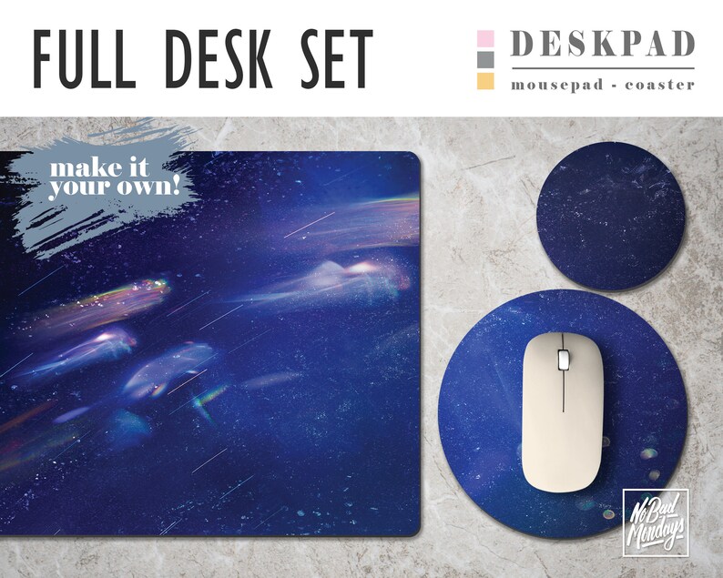 May include: Full desk set with a blue and white starry night design. The set includes a large desk pad, a round mousepad, and a round coaster. The text "make it your own!" is on the desk pad.
