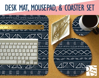 Mud Cloth Inspired Pattern Desk Mat, Mouse Pad & Coaster Set, 3 Colors, Desk Accessory Set, Home Office, Office Decor, Trendy Workspace