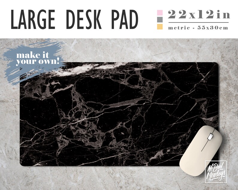 Black Marble Print Desk Mat With Available Custom Monogram 2 Etsy Canada