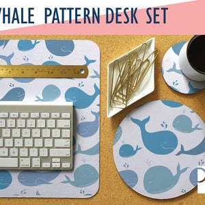 Whale Pattern Desk Mat, Mouse Pad & Coaster Set, Desk Accessory Set, Home Office, Desk Mat, Trendy Workspace, Office Decor