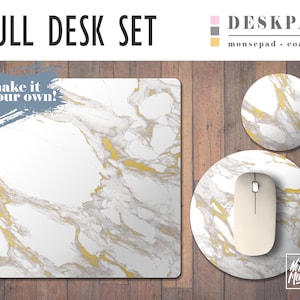 White Marble and Gold Print Desk Mat, Mouse Pad & Coaster Set, Desk Accessory Set, Home Office, Office Decor, Trendy Workspace, Gaming Desk