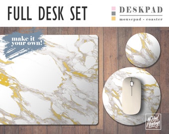 White Marble and Gold Print Desk Mat, Mouse Pad & Coaster Set, Desk Accessory Set, Home Office, Office Decor, Trendy Workspace, Gaming Desk