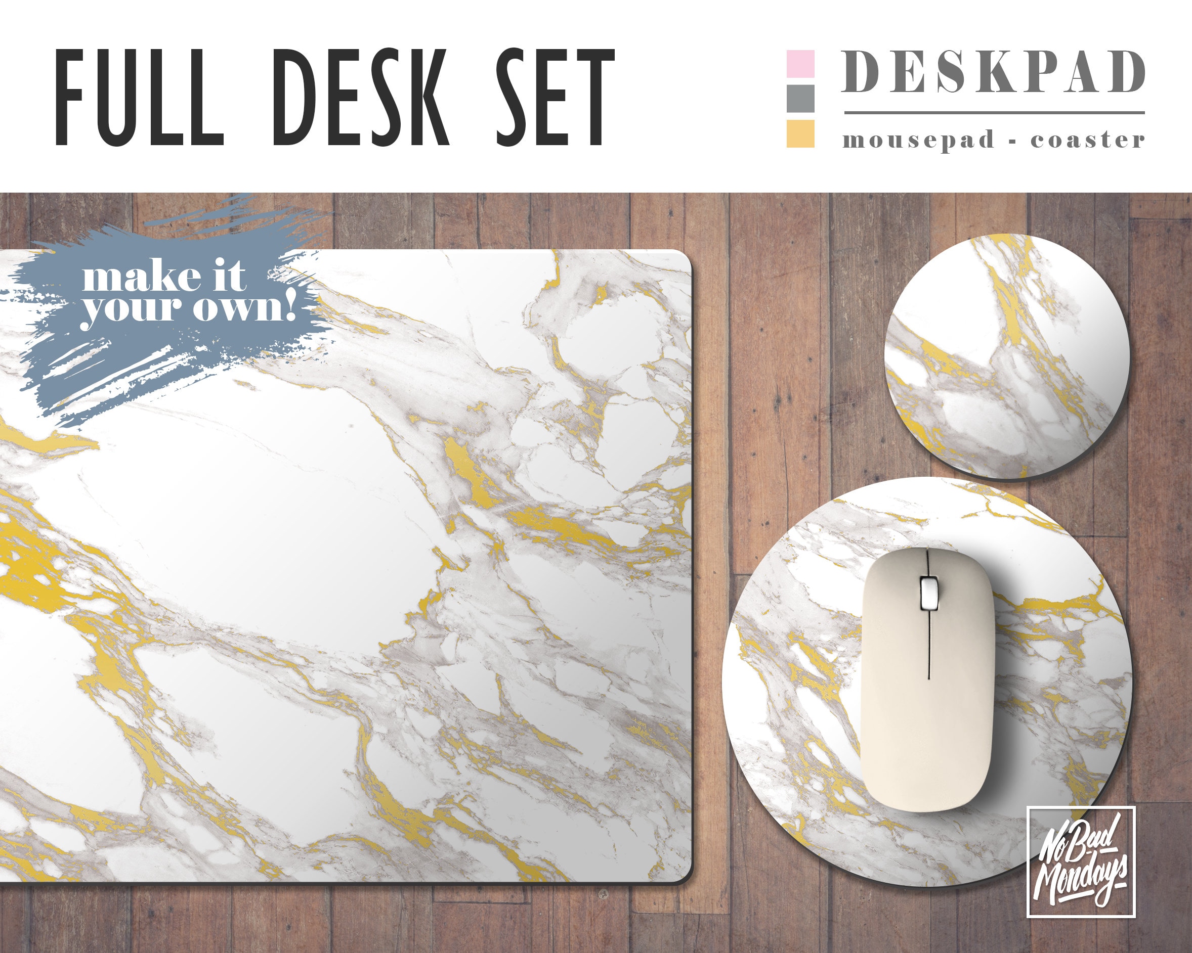 White Marble and Gold Print Desk Mat Mouse Pad & Coaster Set Etsy
