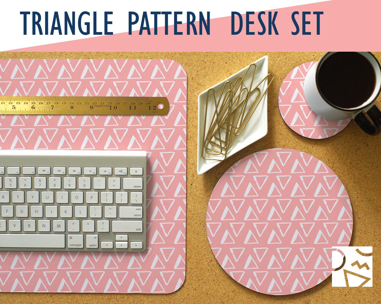 Triangle Print Desk Mat, Mouse Pad & Coaster Set, 7 Colors, Extra Large Mouse Pad, Desk Accessory Set, Trendy Workspace, Girly Desk Mat