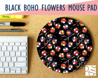 Black Boho Floral Print Mousepad, Home Office, Office Decor, Trendy Workspace, Girly Desk, Floral Print, Mousepad, Vintage Print