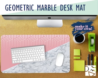 Pink Geometric and White Marble Desk Mat, Desk Accessory, Office Decor, Home Office, Work Essentials, Student Desk, Gaming Desk, Mousepad