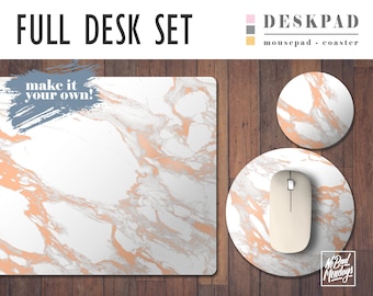 Rose Gold and White Marble Desk Mat, Mouse Pad & Coaster Set, Desk Accessory, Home Office, Office Decor, Trendy Workspace, Work Essentials