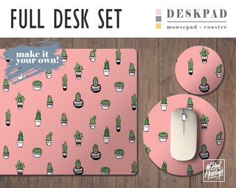 Tiny Cacti Print Desk Mat, Mouse Pad & Coaster Set  - Choose Your Base Color! - Extra Large Mouse Pad -Desk Accessory Set