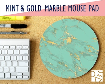 Mint and Gold Marble Print Round Mouse Pad - Office Decor, Coworker Gift - Office Desk Accessory