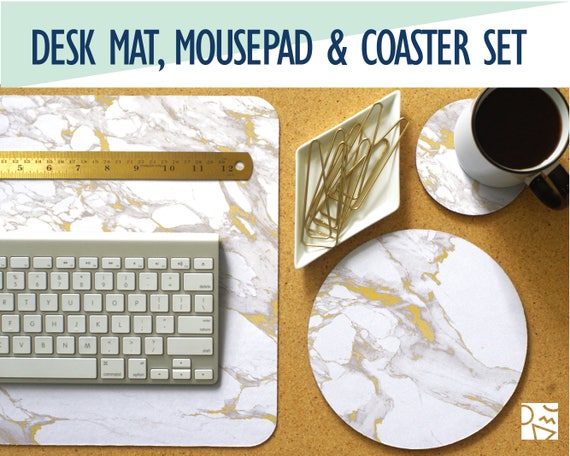 White Marble And Gold Print Desk Mat Mouse Pad Coaster Set Image 0