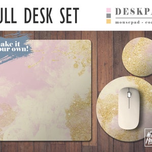 Pink and Gold Desk Mat, Mouse Pad & Coaster Set, Desk Accessory Set, Home Office, Gamer Desk, Trendy Workspace, Luxury Desk