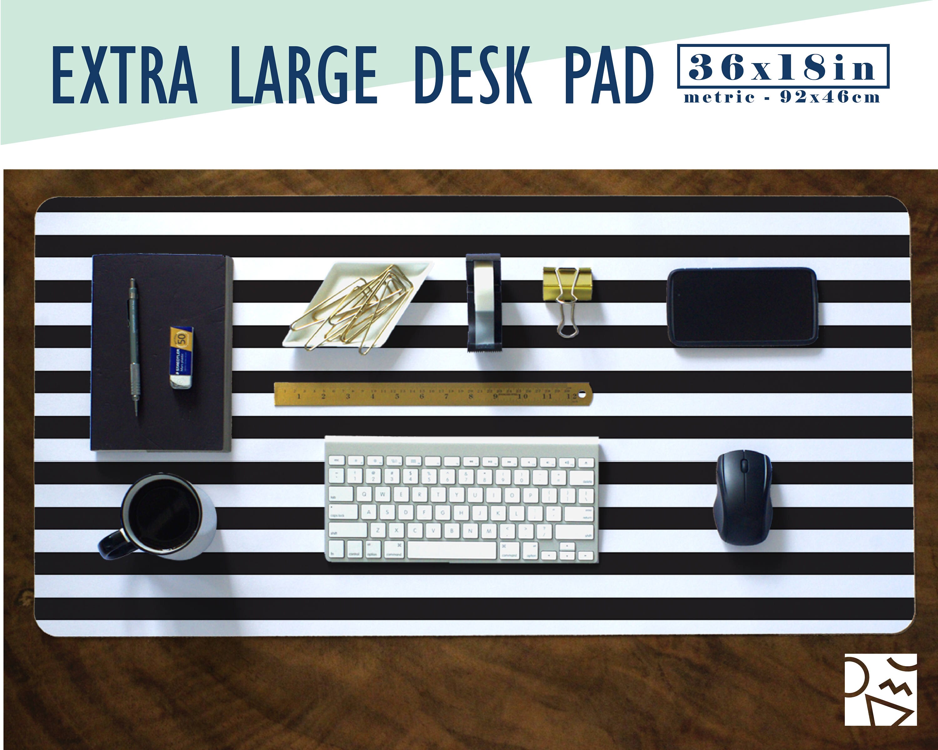 Black & White Striped Extra Large Desk Pad with Available Custom