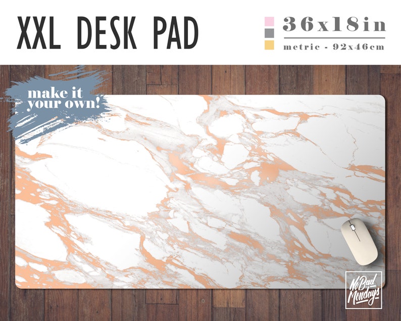 Rose Gold and White Marble Print Large Desk Pad, Home Office, Office Decor, Gamer Desk, Office Supplies, Student Desk, Work Essentials image 1