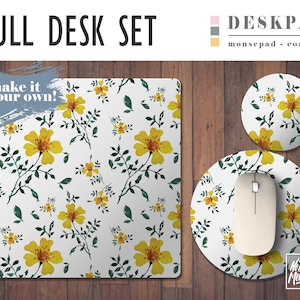 Daffodil Print Desk Set, Mouse Pad & Coaster Set, Desk Accessory Set, Home Office, Office Decor, Trendy Workspace, Floral Print, Girly Desk