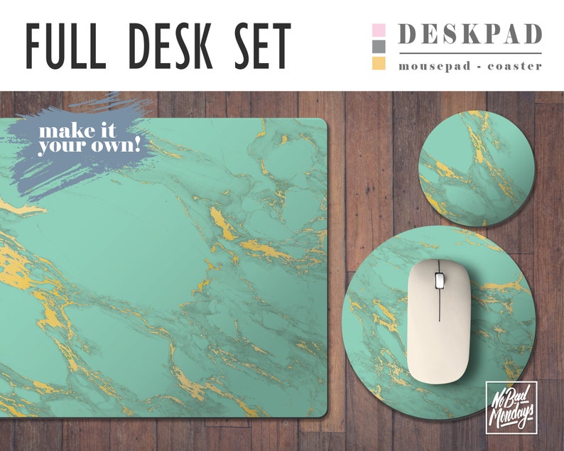 Mint and Gold Marble Print Desk Mat Mouse Pad & Coaster Set | Etsy