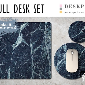 Blue Marble Print Desk Mat, Mouse Pad & Coaster Set, Desk Accessory Set, Home Office, Office Decor, Trendy Workspace, Desk Mat, Luxury Desk