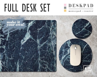 Blue Marble Print Desk Mat, Mouse Pad & Coaster Set, Desk Accessory Set, Home Office, Office Decor, Trendy Workspace, Desk Mat, Luxury Desk