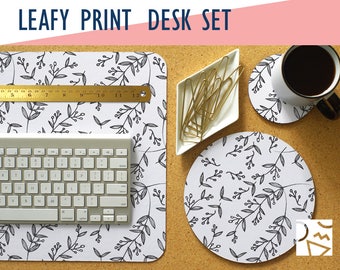 Leafy Print Desk Mat, Mouse Pad & Coaster Set, Desk Accessory Set, Home Office, Trendy Workspace, Office Decor, Boho Chic, Girly Desk