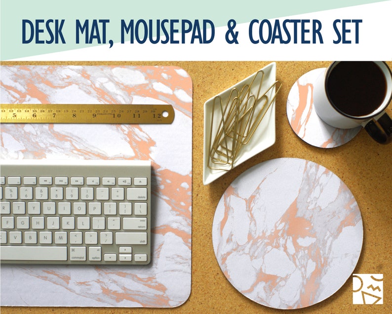 Rose Gold And White Marble Desk Mat Mouse Pad Coaster Set