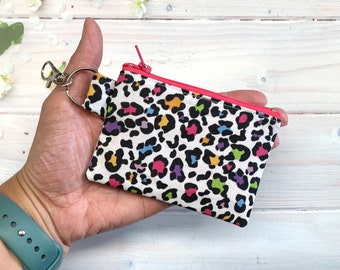 Leopard Print Card Purse with Keyring, coin purse, loose change holder, handy key fob, handmade gift for her, animal print