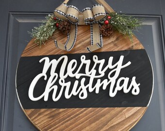 Christmas Door Sign, Merry Christmas Door Hanger, Modern Rustic Christmas Winter Wreath, Christmas Wooden Wreath, Farmhouse Wood Sign