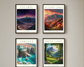 Art numérique, affiches de voyage ACOTAR, téléchargement d'affiches, tasse, chemises ACOTAR Courts, Spring Court, Velaris, Adriata