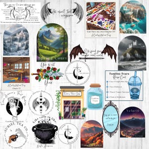 May include: A collection of digital stickers featuring illustrations from the book A Court of Thorns and Roses. The stickers include images of characters, locations, and objects from the book. The stickers are in a variety of colors and styles.