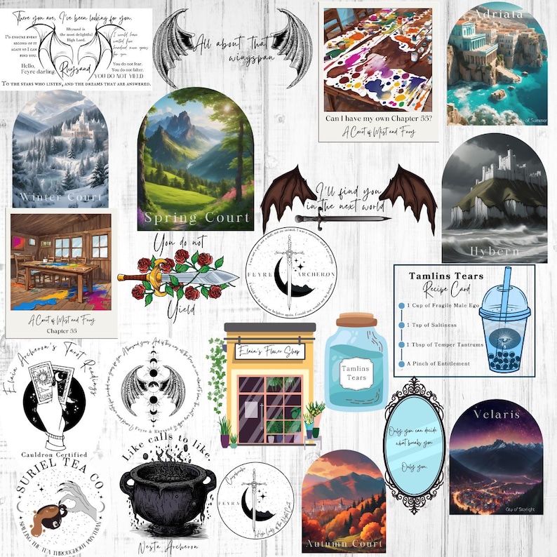 May include: A collection of digital stickers featuring illustrations from the book A Court of Thorns and Roses. The stickers include images of characters, locations, and objects from the book. The stickers are in a variety of colors and styles.